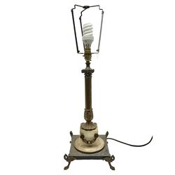 Cast brass Corinthian column design table lamp, upon hardstone base and four brass paw feet, H66cm