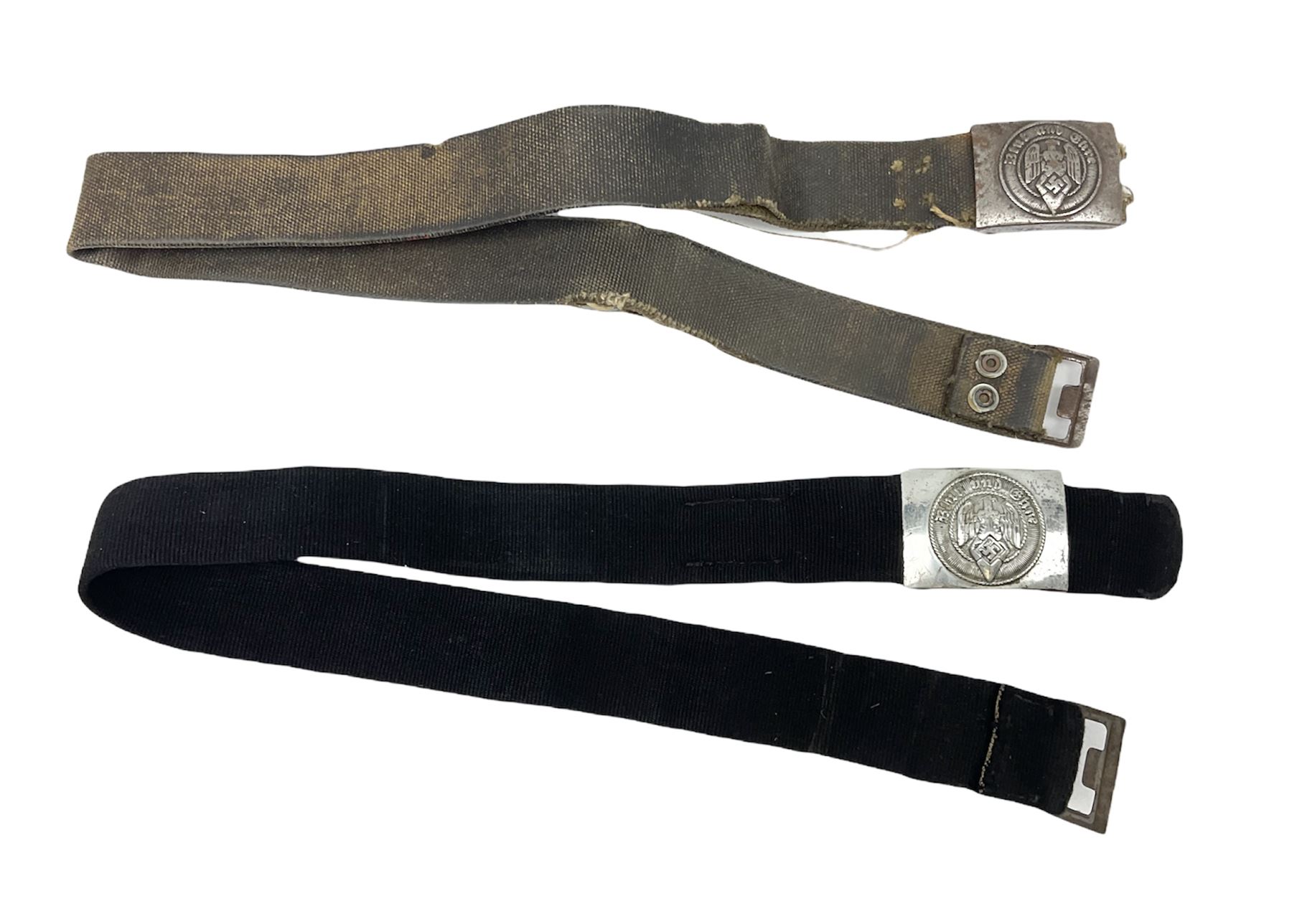 WW2 German Hitler Youth belt, the buckle marked 'Blut Und Ehre' and impressed RZM M/4/55 verso; and another Hitler Youth belt with similarly marked buckle (2)