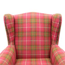 Next Home - Contemporary tartan wingback, studded wings above scrolled arms, light stained turned feet