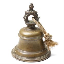 19th century Chinese bronze censer with loop handles and on shaped supports D13cm and an Asian bronze bell H17cm
