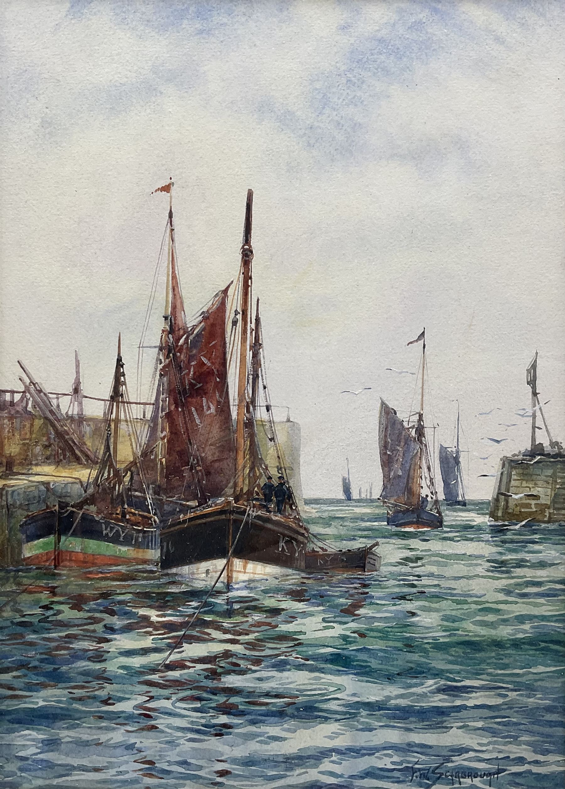 Frank (Frederick) William Scarborough (British 1860-1939): Whitby and Kirkcaldy boats in Harbour, watercolour signed 33.5cm x 24cm 
Provenance: with the Mangate Gallery London, label verso