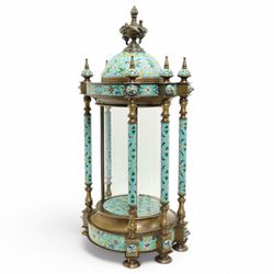 20th century Chinese cloisonne style portico display stand with urn mounted domed top and glass side panels H65cm