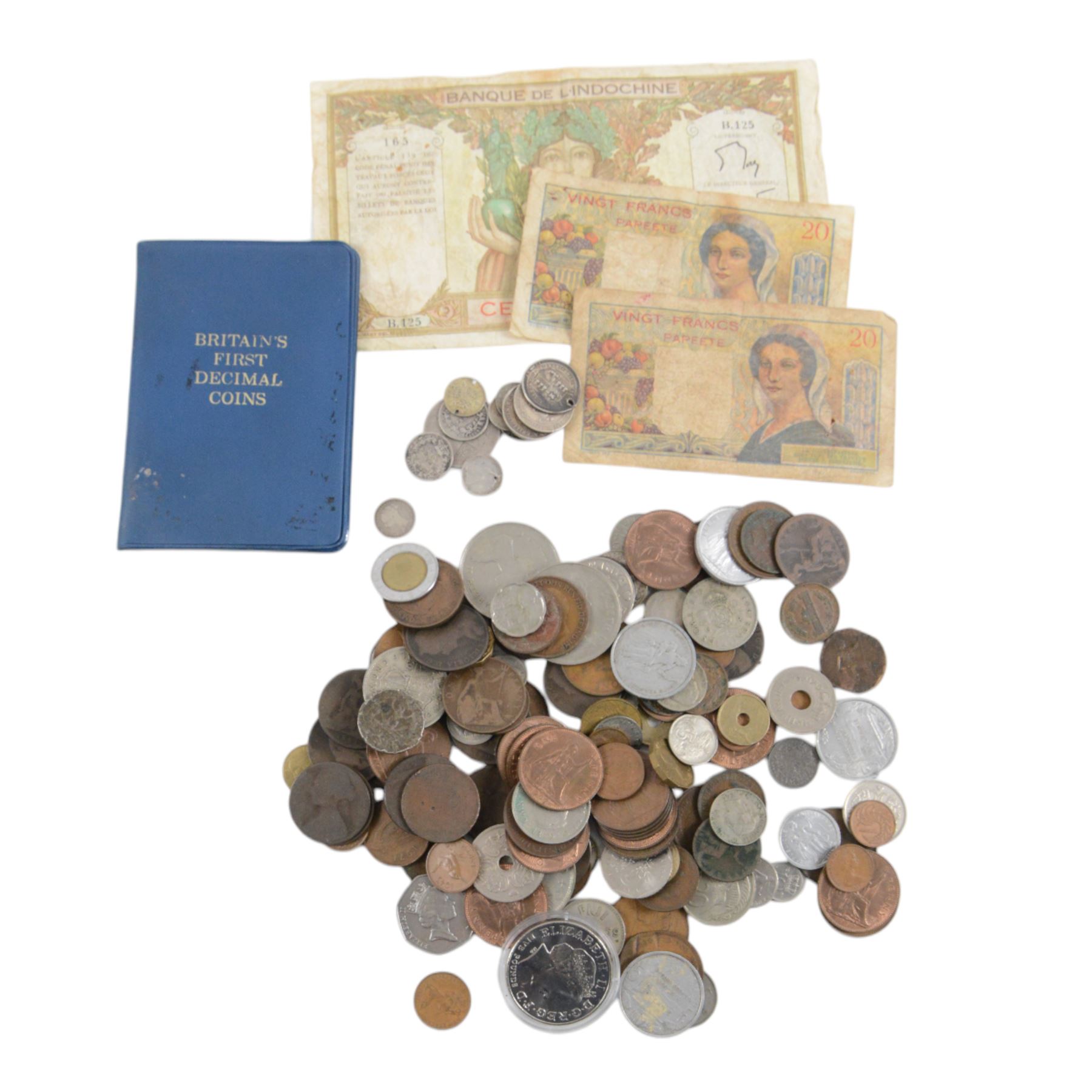 Approximately 34 grams of Great British pre-1920 and approximately 5 grams of pre-1947 silver coins, together with a Queen Elizabeth II 2005 'Trafalgar' five pound coin, three French banknotes, and further coins
