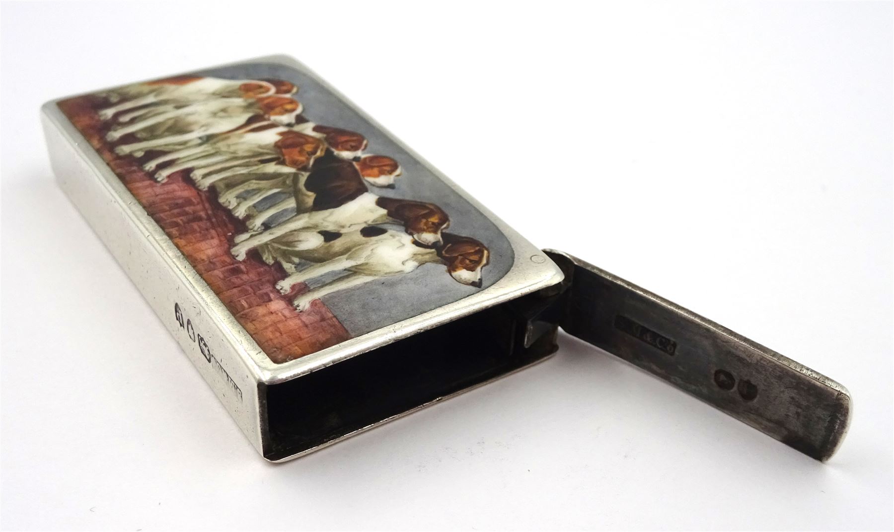 Victorian silver and enamel rectangular vesta case, the