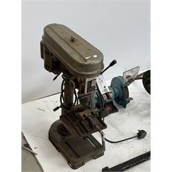 Tull bench pillar drill, Beechers Bender, Clarke grinder, pair of Stilsons, axel stands and bottle jack