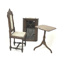  19th century oak wall hanging corner cabinet with astragal glazed door (W58cm, H84cm, D34cm) an oak tripod table and a carved chair (3)  