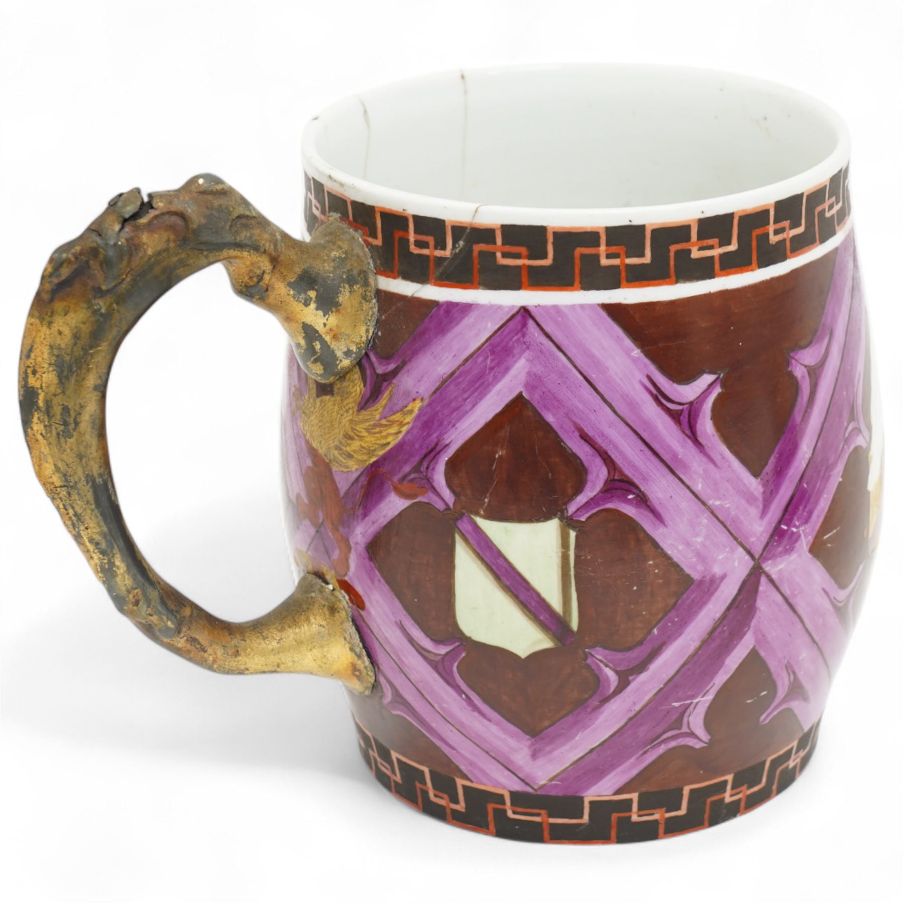 Early 19th century mug with metal handle painted by Jas. Alden 1814 H15cm, Belleek owl vase, Peking enamel tazza and an Imari dish
