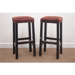  Pair 20th century black painted beech bar/pub stool with upholstered seats, H78cm  