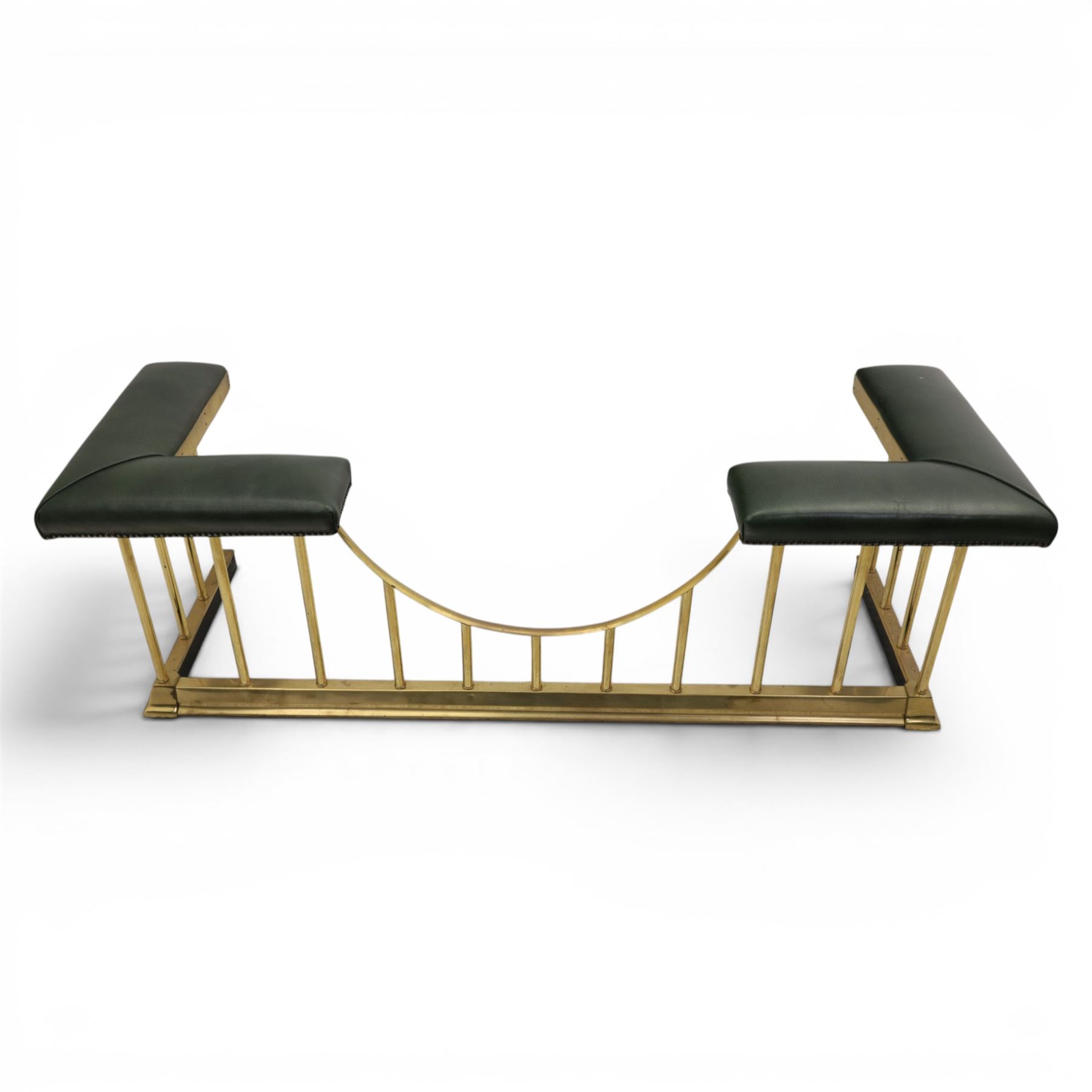 Regency design brass and green leather club fender, padded cushion corners