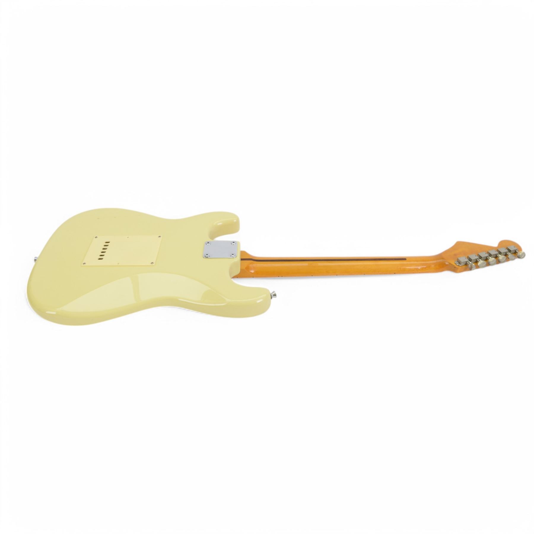 Two Richwood electric guitars, comprising Stratocaster style with cream body and Telecaster style with red metallic finish, L99cm