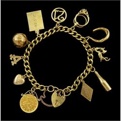 Gold curb link chain bracelet, with heart locket clasp and ten gold charms including pelican carrying a baby, heart, football and 21 and a United States of America 1907 gold 2 1/2 dollar coin, with soldered mount