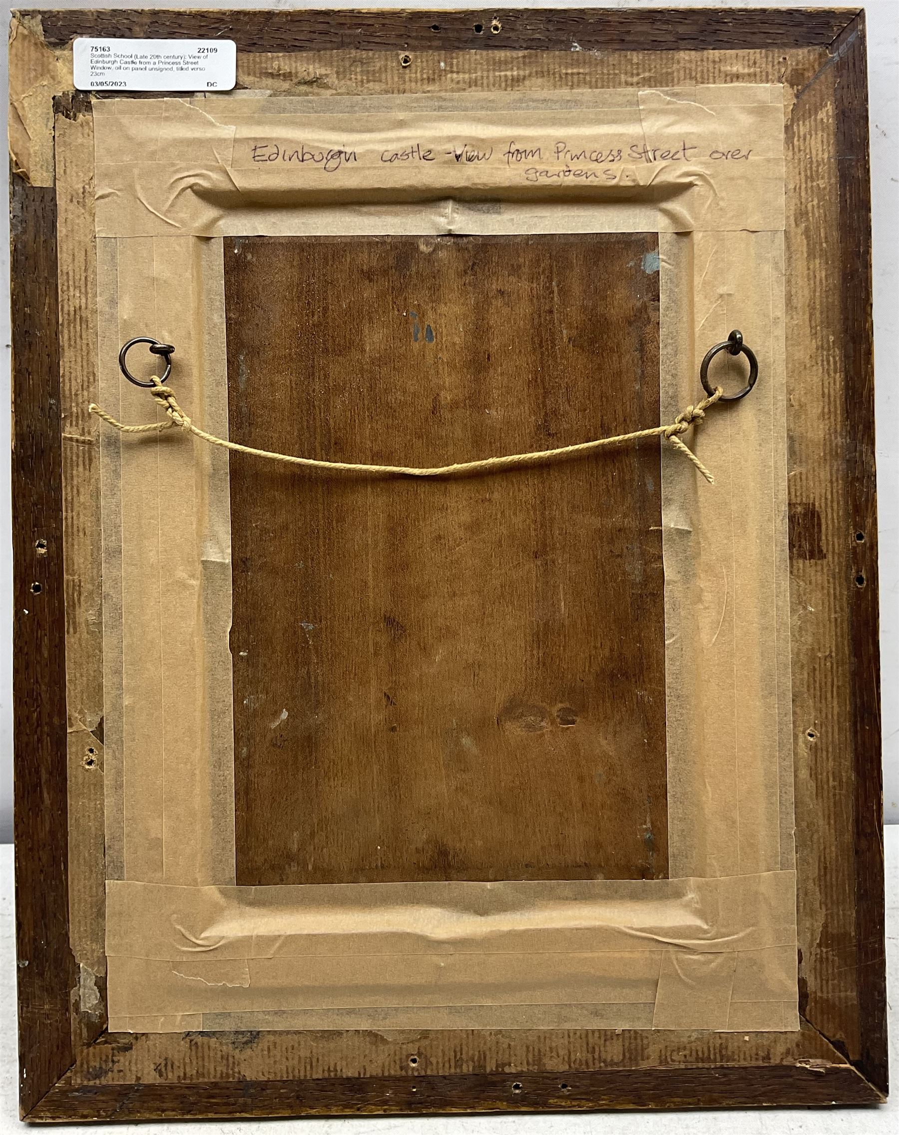 Scottish School (Late 20th century): View of Edinburgh Castle from a Princess Street Window, oil on panel unsigned, titled verso 23cm x 15cm