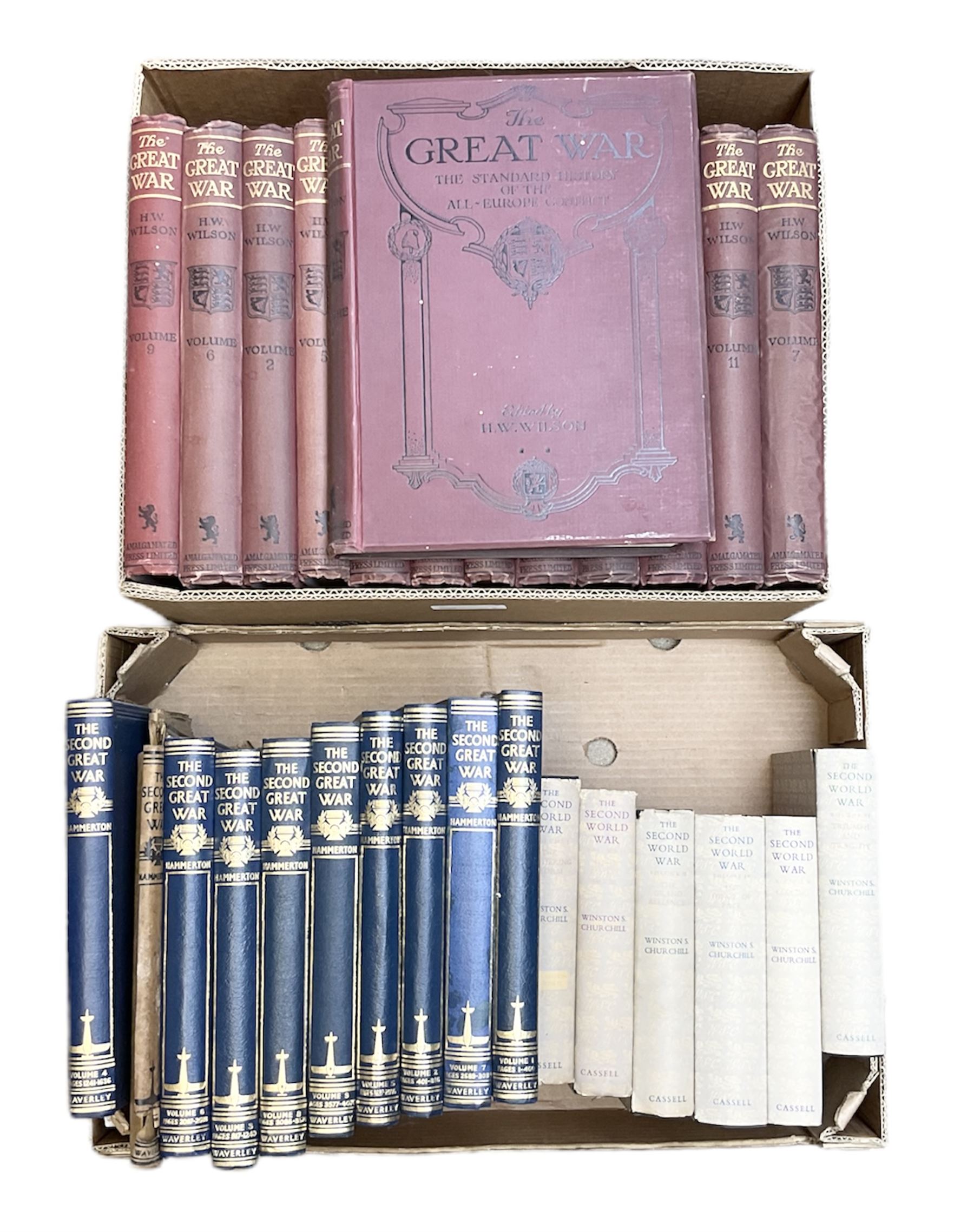 The Great War  by H W Wlison. 13 volumes. 1914-19;The Second Great War by Hammerton. 9 volumes; and The Second World War by Winston Churchill. 6 volumes.
