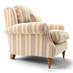 Parker Knoll - contemporary 'Henley' lounge suite comprising grande two seat sofa and wingback armchair, traditional wing shape over rolled arms and turned feet, upholstered in striped fabric