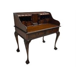 Georgian design mahogany writing desk, raised superstructure back fitted with central cupboard flanked by pigeonholes and drawers, carved gadroon edge over two drawers, raised on cabriole supports with acanthus moulded and carved knees terminating in ball and claw feet