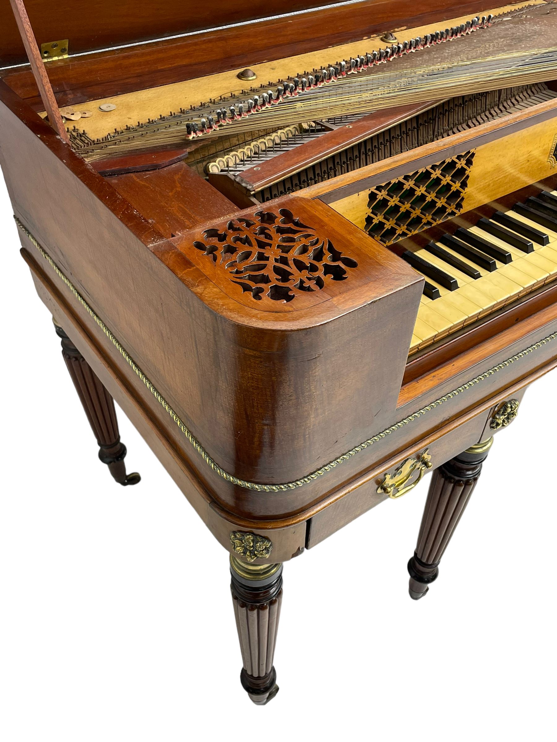James Rigg, London -early 19th century mahogany and maple square piano c1817, with a 68 key compass (A-C) original hammers, jacks and felt, satinwood interior with ebony and ivory keys, the fretwork interior back inscribed 'James Rigg, 3 Providence Row, Finsbury Square, London', decorated with twist gilt metal edging, fitted with three drawers, on Gillows design turned and reeded supports with brass cups and castors.

This item has been registered for sale under Section 10 of the APHA Ivory Act