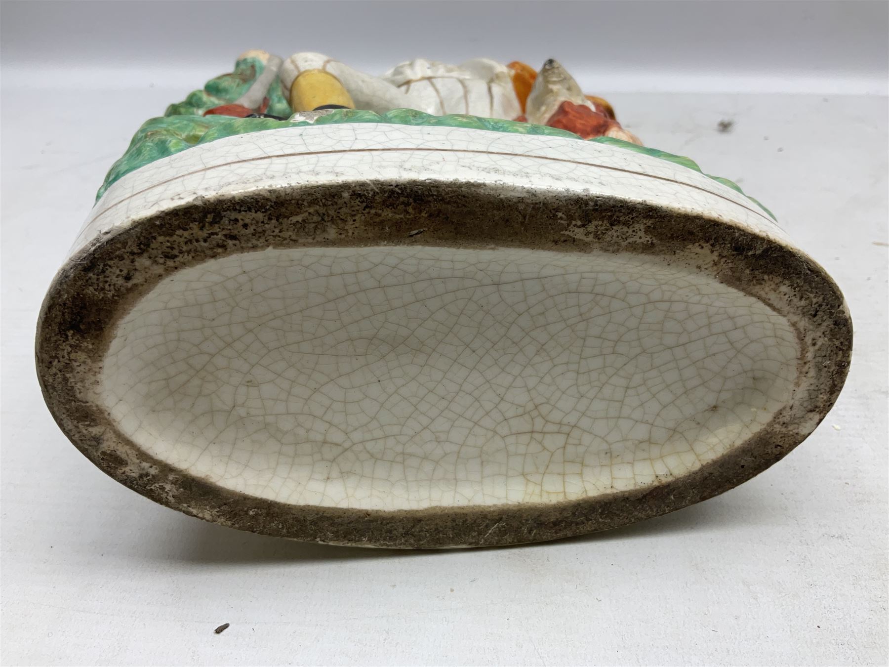 Group of Victorian and later Staffordshire style figures, to include two dogs, Prince upon horse back, horse with pink lustre patches, tall figure of a man beside his dog etc, tallest H41cm