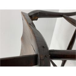 Late 18th century elm and beech Thames Valley Windsor chair, the shaped cresting rail on shaped and pierced 'Chippendale' type splat and spindle back, dished elm seat, turned rear supports and cabriole front supports joined by stretchers, W42cm, seat height - 43cm