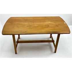 Ercol elm rectangular dining table, square tapering supports joined by stretchers