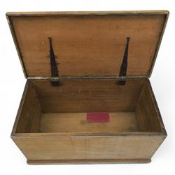 19th century golden oak chest, iron strap carry handles and hinges