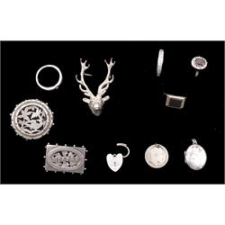 Victorian silver stag brooch by William Henry Leather, Birmingham 1897, old black onyx ring, gold stone set ring, both 9ct, silver Mizpah and bird brooch and other silver jewellery