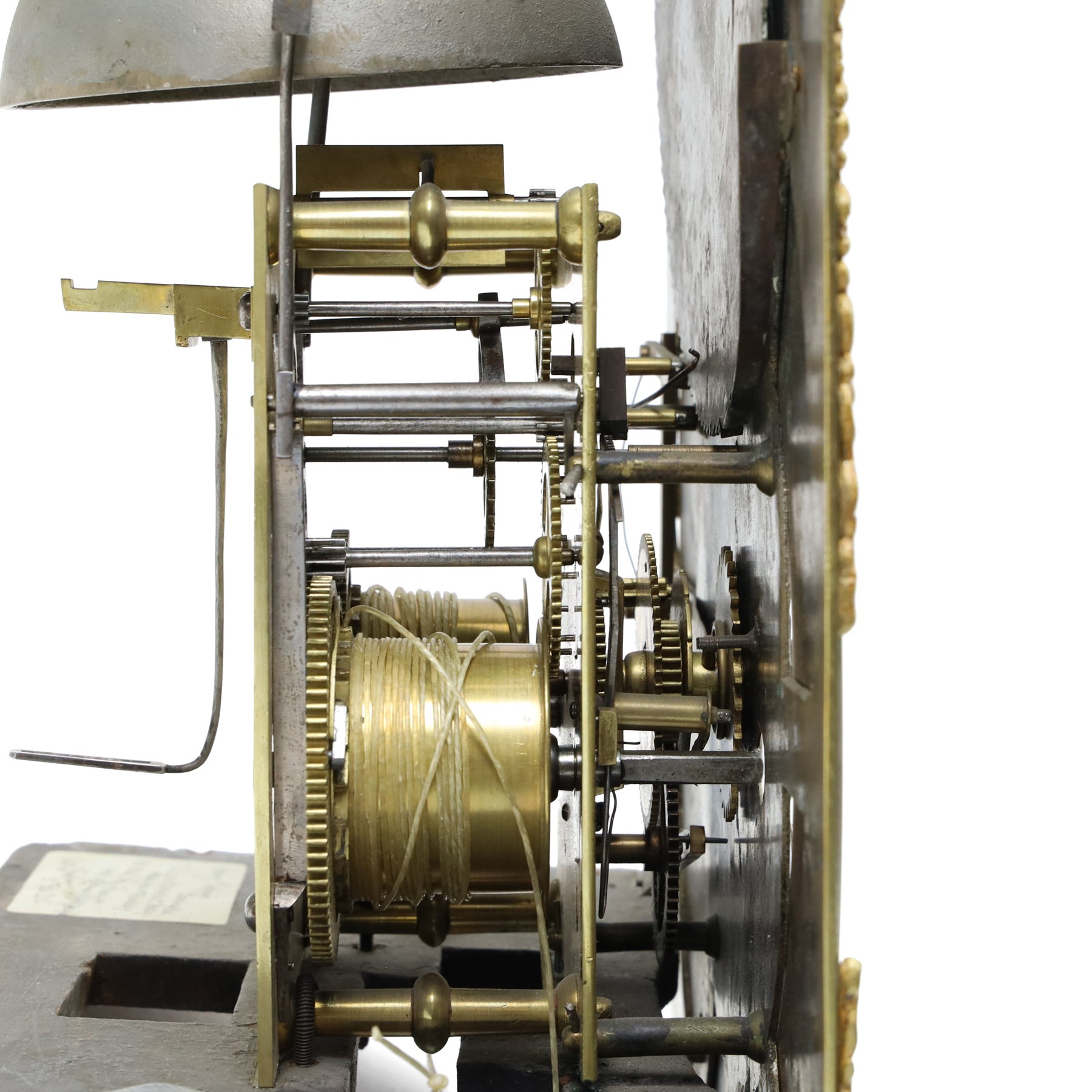 18th century longcase clock movement, the steel and brass dial inscribed Porthouse, Darlington, eight day with moon roller and centre calendar, seconds ring 44cm x 31cm