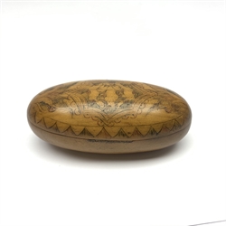 Small sycamore oval box, the hinged lid etched and coloured in the Napoleonic style with shrimps within decorative borders L11cm