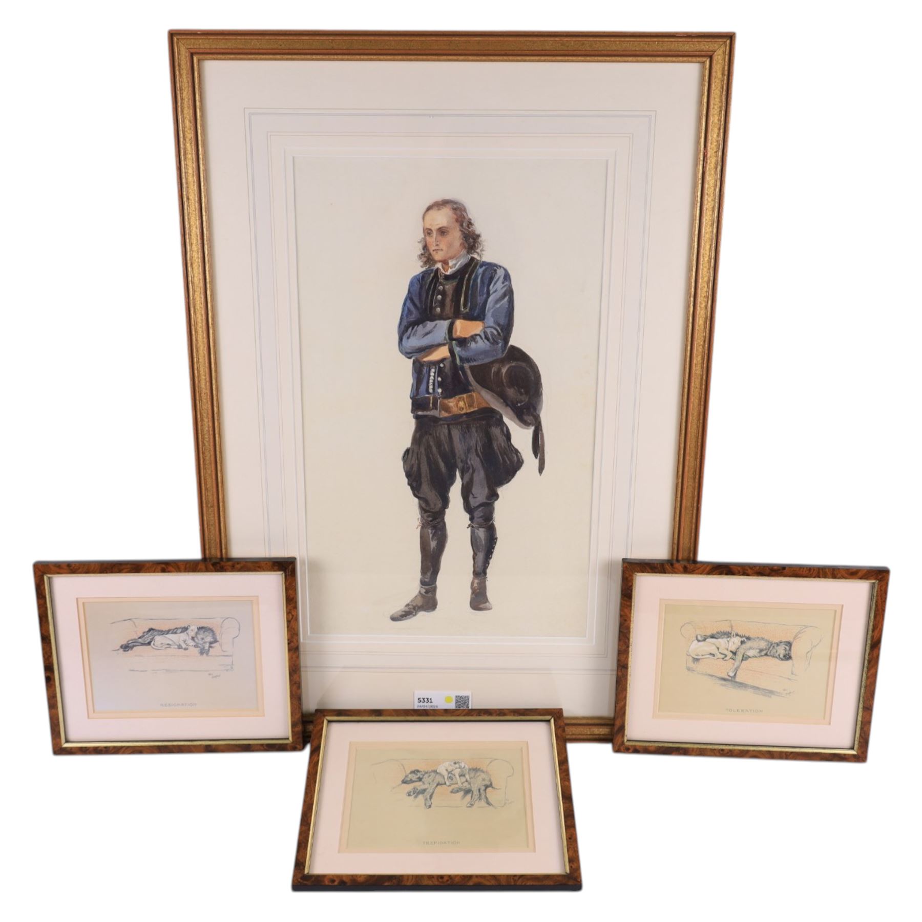 Continental School (Early 20th century): Portrait of a Young Man, watercolour and pencil unsigned 50cm x 30cm; After Cecil Aldin (British 1870-1935): 'Trepidation' 'Resignation' & 'Toleration', set of three book plate prints 12.5cm x 18cm (4)