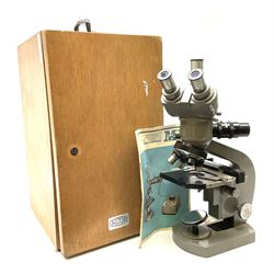 Olympus binocular microscope, numbered '222161', H37cm, in wooden case, untested