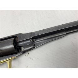 Unmarked Spencer & Rogers type Remington style .44 cal. six-shot percussion revolver, 20cm octagonal barrel with loading lever under, brass trigger guard and two-piece wooden grip L37cm overall; together with a framed watercolour by Alan J. Gray dated 2009 entitled 'The Remington .44 Calibre 1861 Navy Revolver'  19 x 42cm (2)