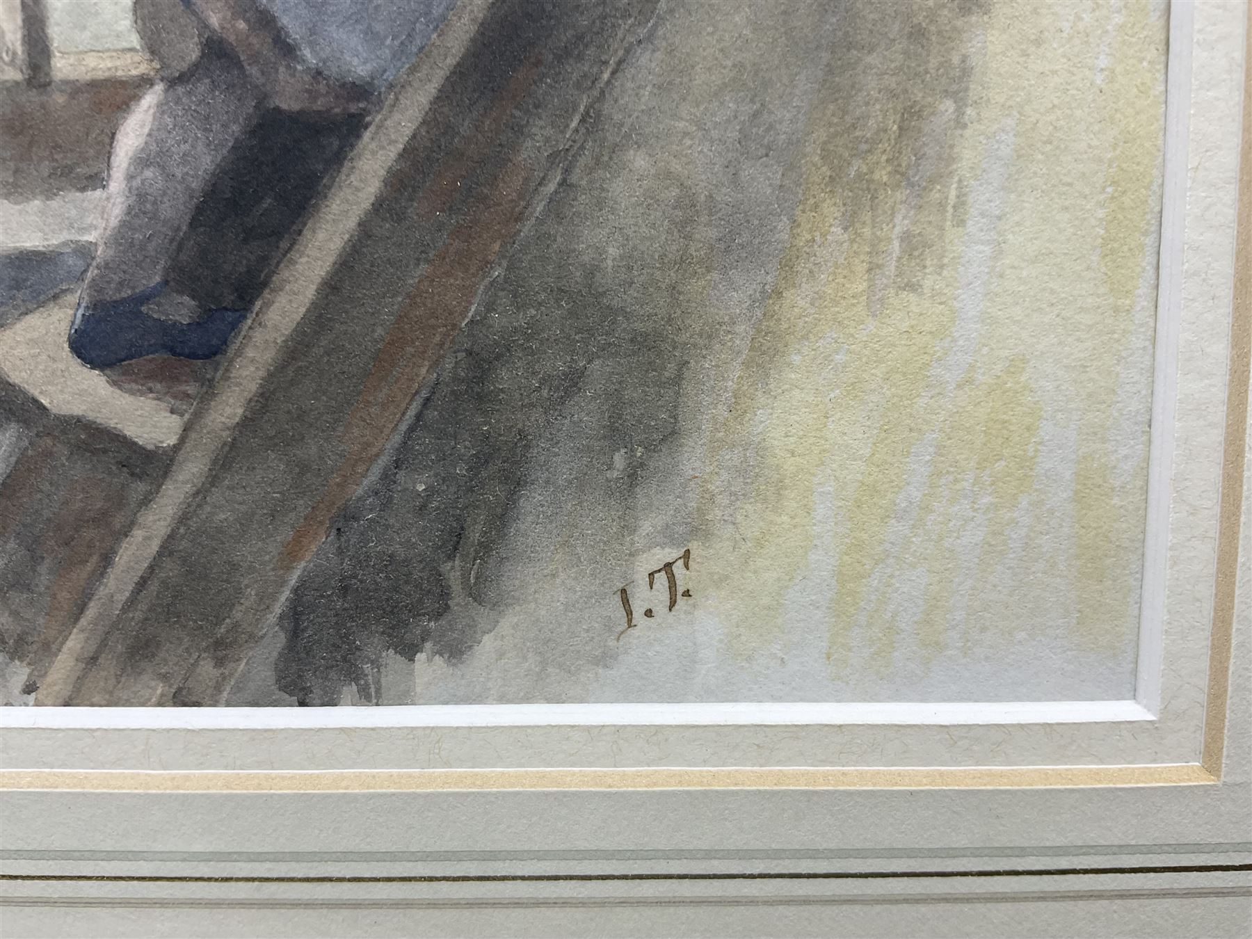 Isabella 'Isa' Jobling (nee Thompson) (Staithes Group 1851-1926): 'The Miller's Daughter' - Climbing the Ladder, watercolour signed with initials, titled on gallery label with artist's original address label verso 15cm x 11cm 
Provenance: exh. the Dean Gallery, Newcastle, January 1989, label verso 
Notes: one of three illustrations Isa painted for the Alfred Tennyson poem of the same titled. Painted after her marriage to Robert Jobling in 1893.