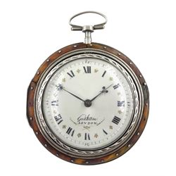 18th century silver and tortoiseshell quadruple cased verge fusee pocket watch by Graham, London, square baluster pillars, pierced and engraved balance cock, signed white enamel dial with Roman numerals and Fleur de Lys decoration, tortoiseshell third outer case with pique work to the borders, in a fitted later white metal fourth case