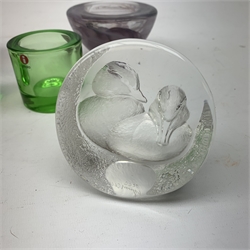 A collection of art glass, comprising a pair of lilac Kosta Boda Atoll bowls designed by Anna Ehrner, D11.5cm, a pair of Littala Kivi Marimekko lime bowls designed by Heikki Orvola, D6.5cm, and a Mats Jonasson glass paperweight depicting two duclings, H9.5cm. 