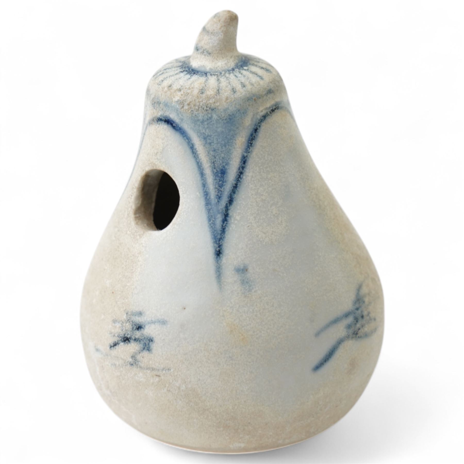 Mid to late 15th century Vietnamese blue and white stoneware water dropper, from the Hoi An Hoard, in the form of an aubergine, Robert McPherson stickers to base, H6.5cm 