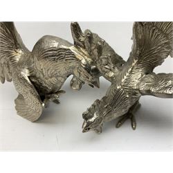 Pair of silver plated fighting cockerel figures, tallest example H18.5cm