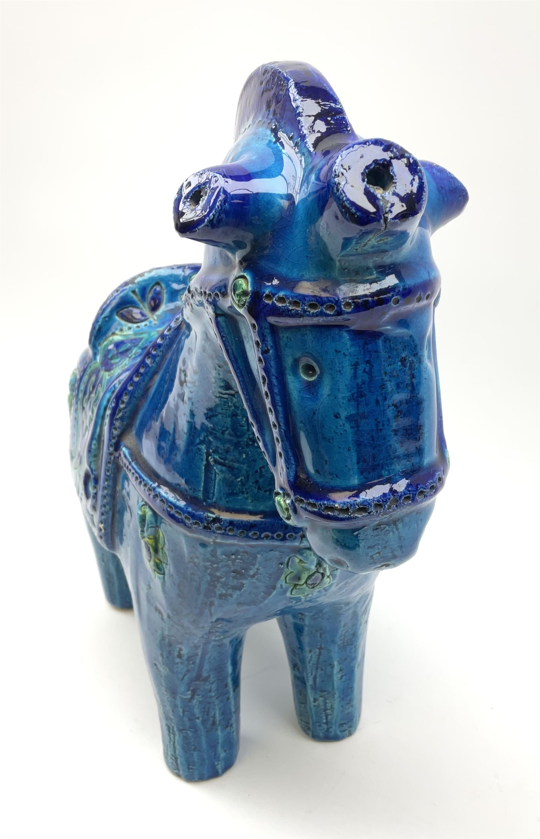Aldo Londi for Bitossi, Rimini Blu pottery horse, with having incised decoration, marked beneath, H31cm.