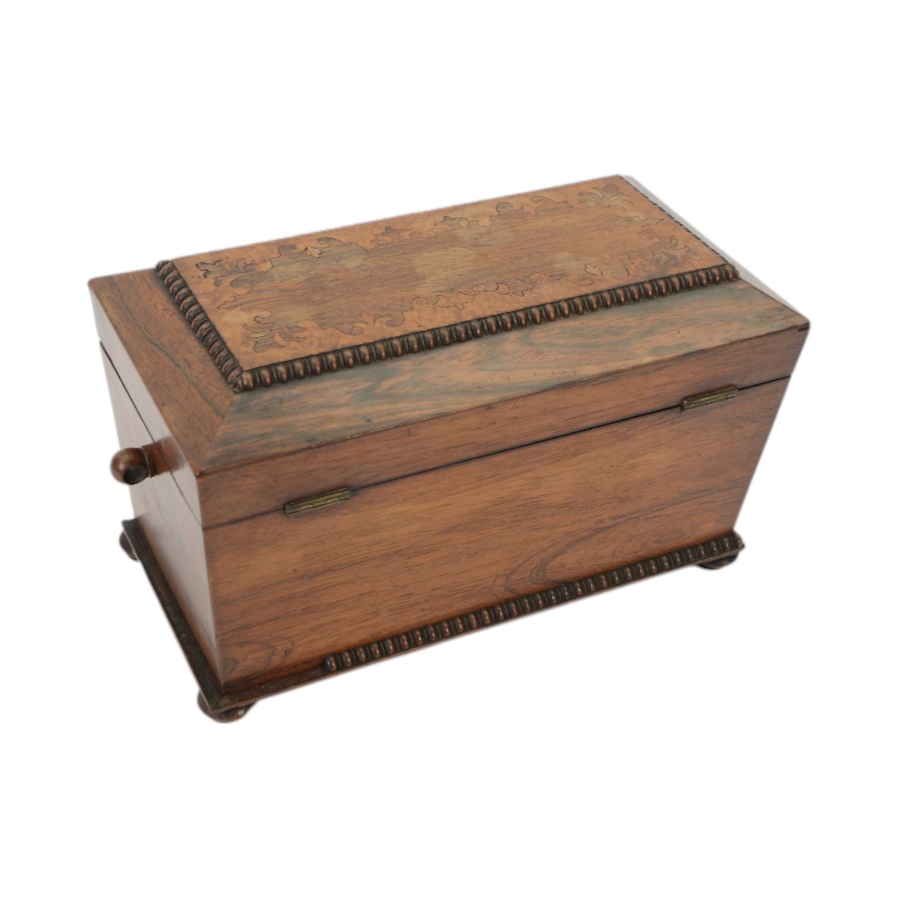 Victorian rosewood inlaid tea caddy, of sarcophagus form with twin ring handles, the interior with two lidded compartments  and later central mixing bowl, upon four bun supports, H32cm