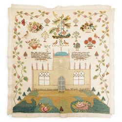 19th century needlework sampler by Elizabeth Bottomley aged 8, 1836 with large building to the centre with trees, verse, flowers 58cm x 52cm unframed