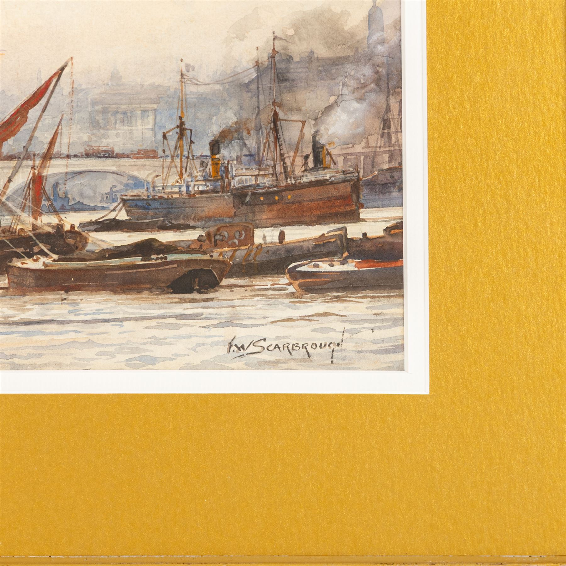 Frederick William Scarborough (British 1860-1939): Shipping on the Thames at London Bridge, watercolour signed 17.5cm x 52.5cm