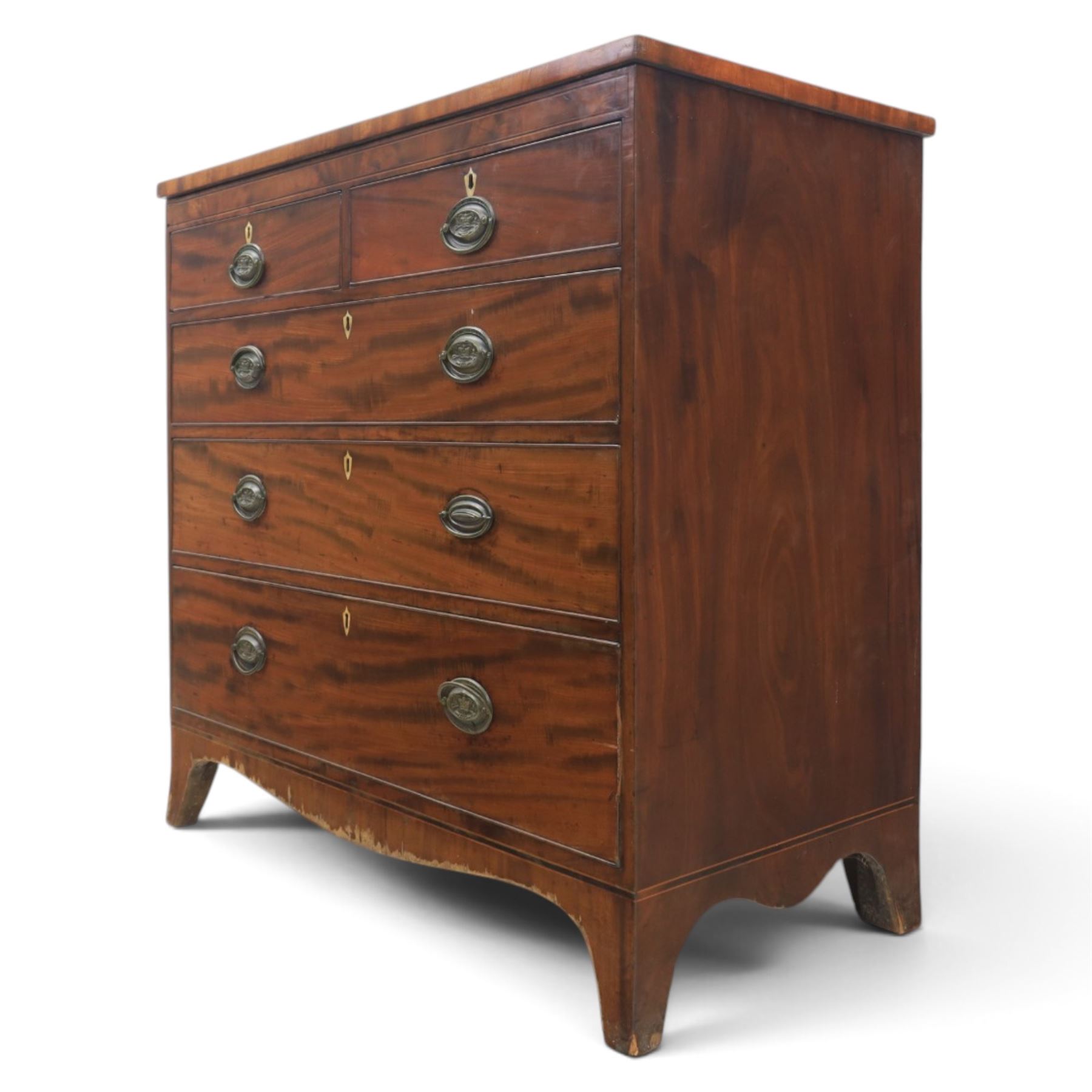 19th century mahogany chest, two short over three long drawers with brass handles, raised on shaped feet