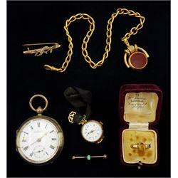  Gold tigers eye ring, gold opal brooch, seed pearl brooch and manual wind wristwatch, all 9ct, silver lever fusee pocket watch by G. Liversidge, Huddersfield, and a gold-plated watch chain with bloodstone and carnelian swivel fob