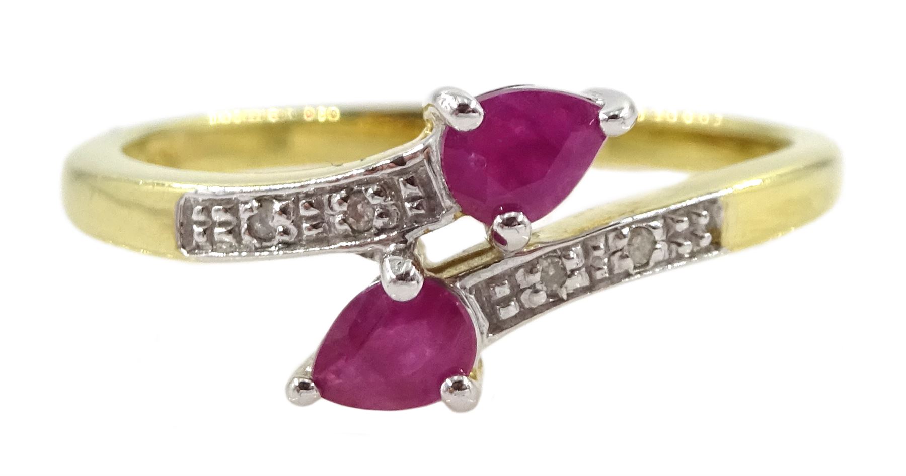 Silver-gilt pear shaped ruby ring, with diamond set shoulders, stamped 925