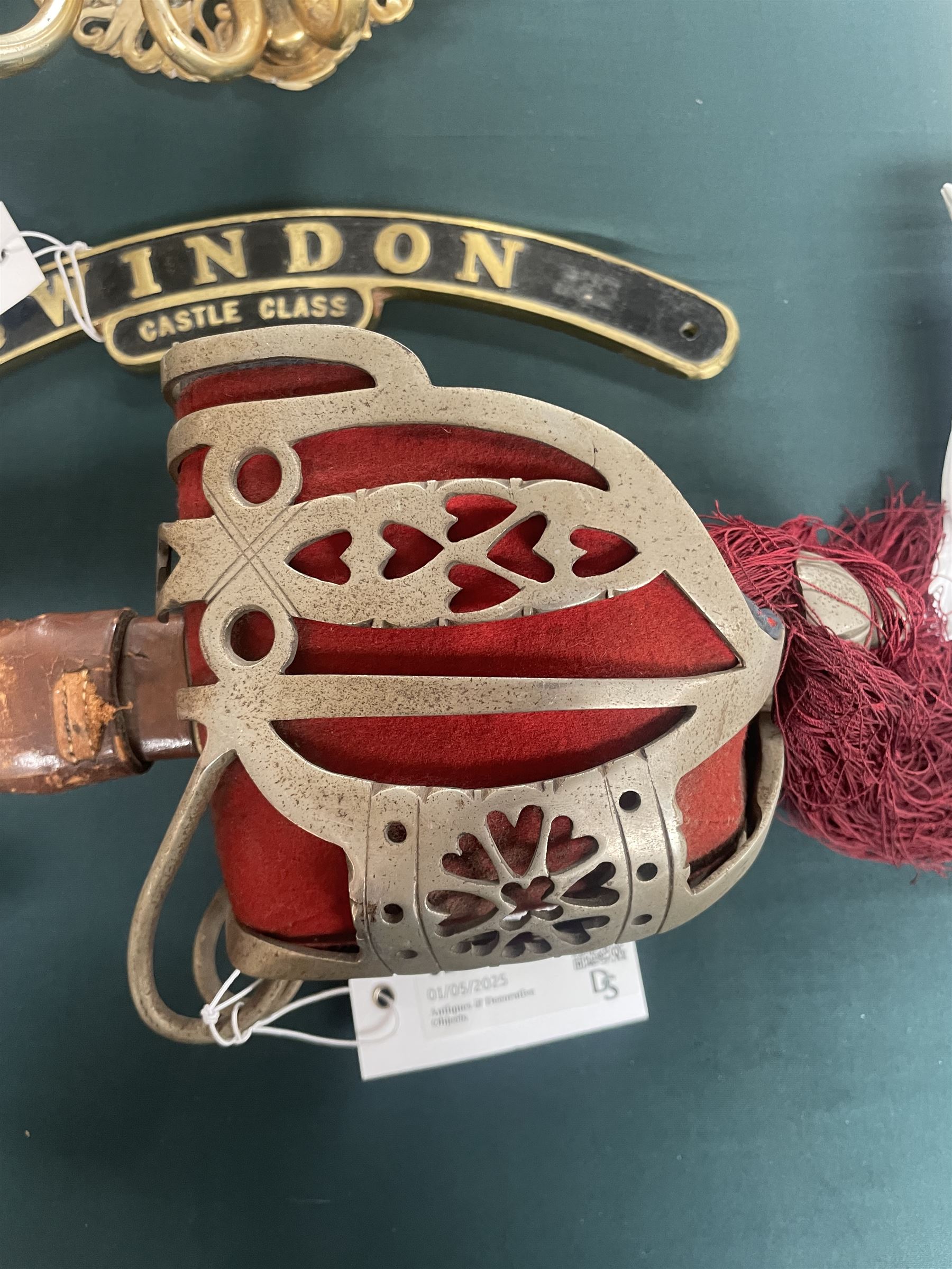 George V basket hilted broad sword with engraved blade, wire wound fish skin grip and field service scabbard, blade length 83cm