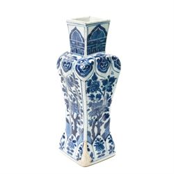 Early 19th century Chinese Tek Sing cargo saucer dish with Nagel Auctions label D18.5cm Chinese, Kangxi blue and white square section vase H24cm and a turquoise glazed Dog of Fo L26cm (3)