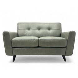 DFS - contemporary 'Camper' two seat sofa, upholstered in French grey leather with button back detailing, on splayed supports (W144cm, D84cm, H76cm); matching armchair (W90cm, D84cm, H76cm)