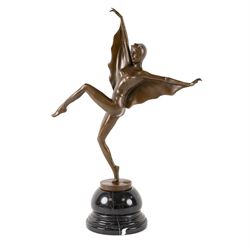 After Josef Lorenzl,- Art Deco style bronze bat girl, upon a stepped circular marble base, H47cm