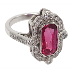  18ct white gold emerald cut ruby and diamond dress ring, ruby approx 2.6 carat  