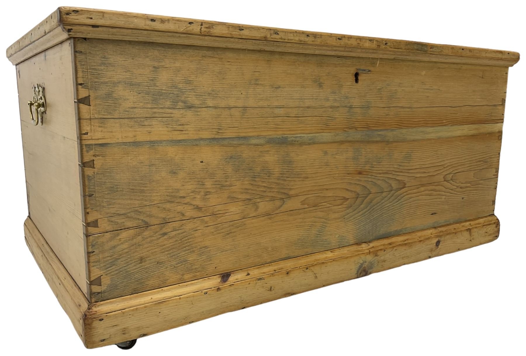 Victorian pine blanket box, hinged lid, fitted with carrying handles, on castors