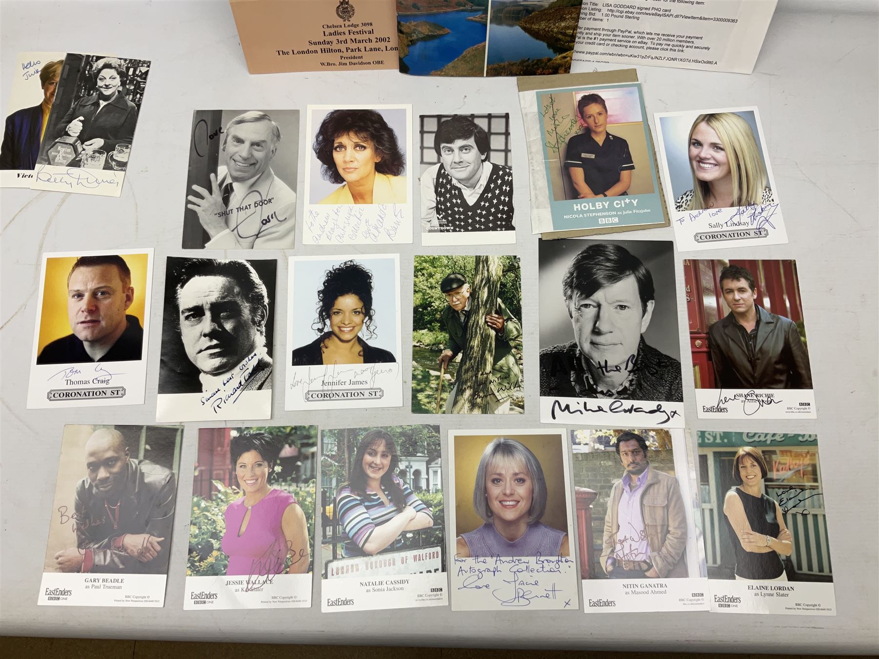 1949 England cricket team signatures including Hutton, Compton, Edrich, Laker etc on loose album page; and large quantity of other autographs of predominantly TV Soap Opera stars from Last of the Summer Wine, Eastenders, Emmerdale, Coronation Street, Heartbeat etc and other TV/Film personalities; on promotional photographs and clipped fragments of paper etc