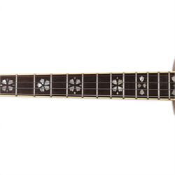 Barnes & Mullins Troubadour four string banjo, with Remo head and mother of pearl inlay to fretboard, in cardboard box, banjo L80cm